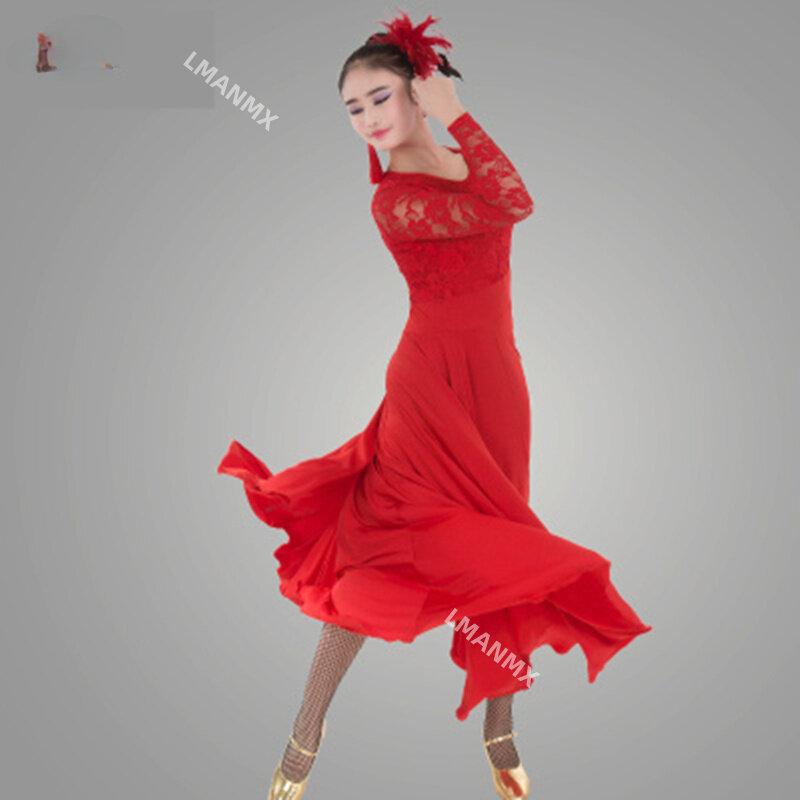 Vestido de dança de salão padrão para mulheres, manga de renda, saia flamenca, vestido barato de valsa de palco, alta qualidade 2021