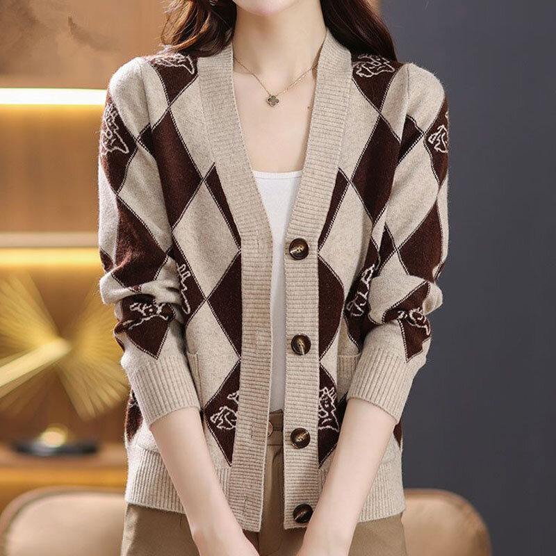 Elegante suéteres xadrez de manga comprida feminino, casaco de lã outono, inverno, combina tudo, botão, tops de malha, roupas femininas, nova moda