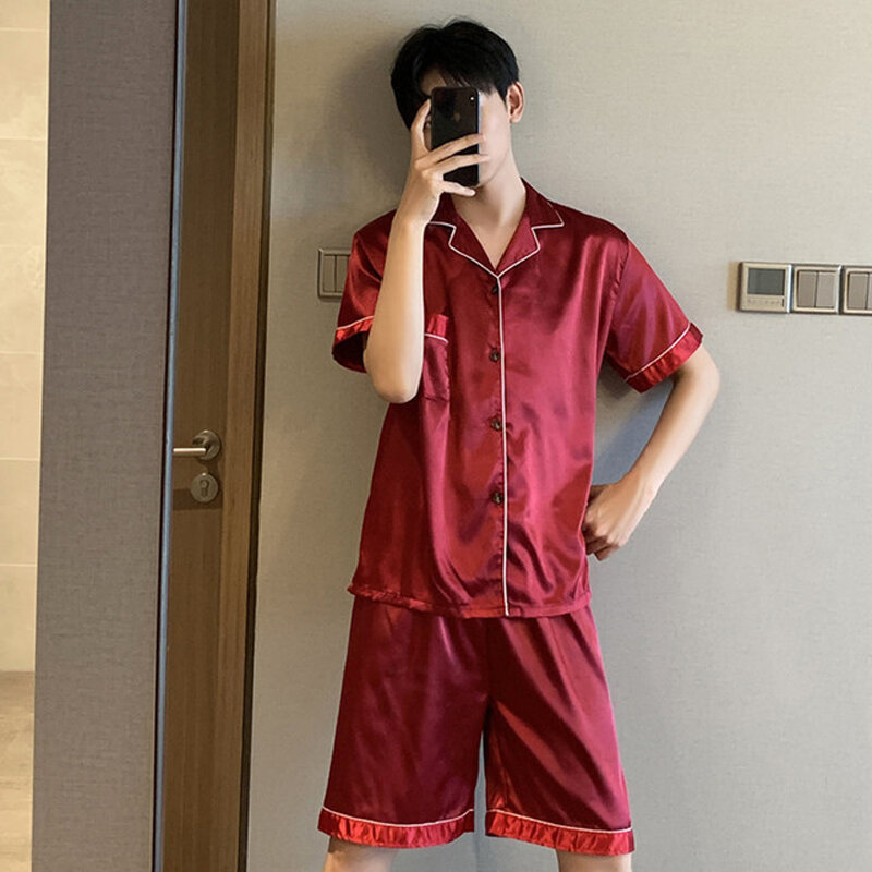 Conjunto de pijama de seda manga curta masculino, pijama de casa, roupa noturna, calção de cetim, tamanho grande, novo, verão