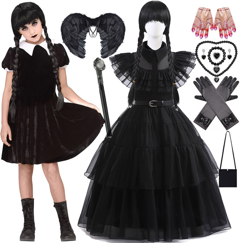 Vestido de bruja para niñas, disfraces de malla en capas para fiesta familiar oscura con collar de bruja y alas de cinturón
