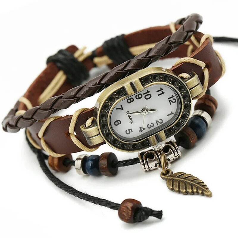 女性のためのレトロな革のクォーツ時計,手作りの多層ブレスレット,調節可能な長さ,カップルのための2022バングル