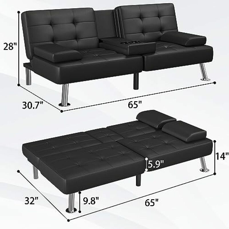 A! Kasur Sofa Futon, Sofa kulit imitasi Modern, Sofa Futon lipat konversi, kursi malas untuk ruang tamu dengan 2 cangkir