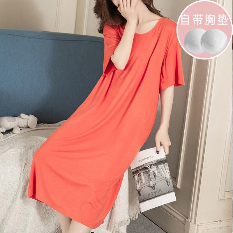 woman Bra pad nightdress summertime Short sleeve  Solid color Over the knee loungewear Can be worn outside No underwear required