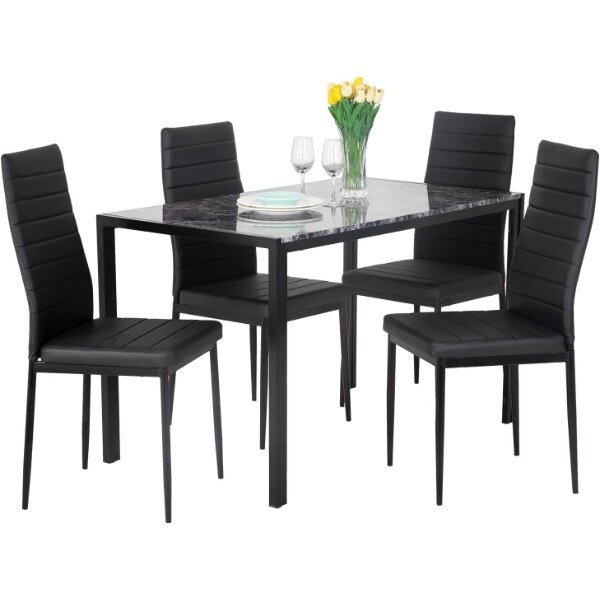 PayLessHere Set meja makan dan kursi, Modern meja marmer persegi panjang dengan 4 kursi kulit PU untuk ruang makan dan dapur