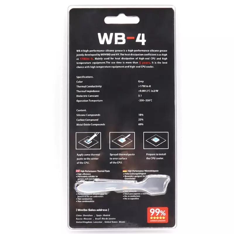 Wovibo-pasta de grasa térmica, compuesto de silicona WB-4 WB 4 4g 2g 17 w/m-k para CPU, impresora GPU, disipador térmico, Enfriador de refrigeración