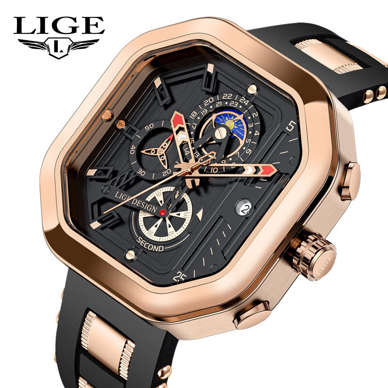 Часы LIGE Мужские кварцевые с датой, роскошные большие повседневные спортивные модные наручные в стиле милитари, с хронографом