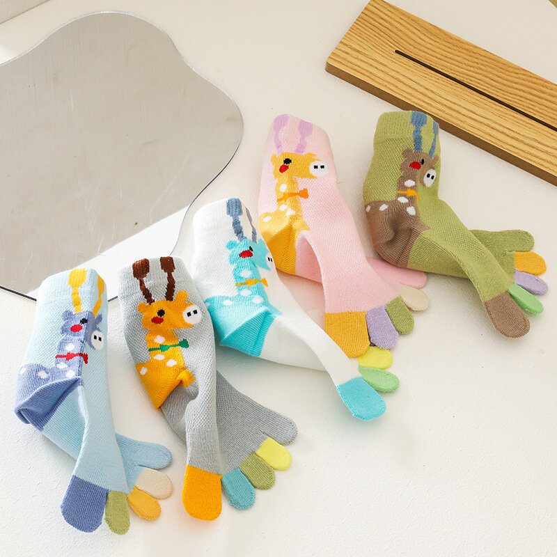 Носки детские тонкие хлопковые, летние сетчатые с мультяшным рисунком жирафа, животного, с пальцами для маленьких мальчиков и девочек, подарок, 5 пар