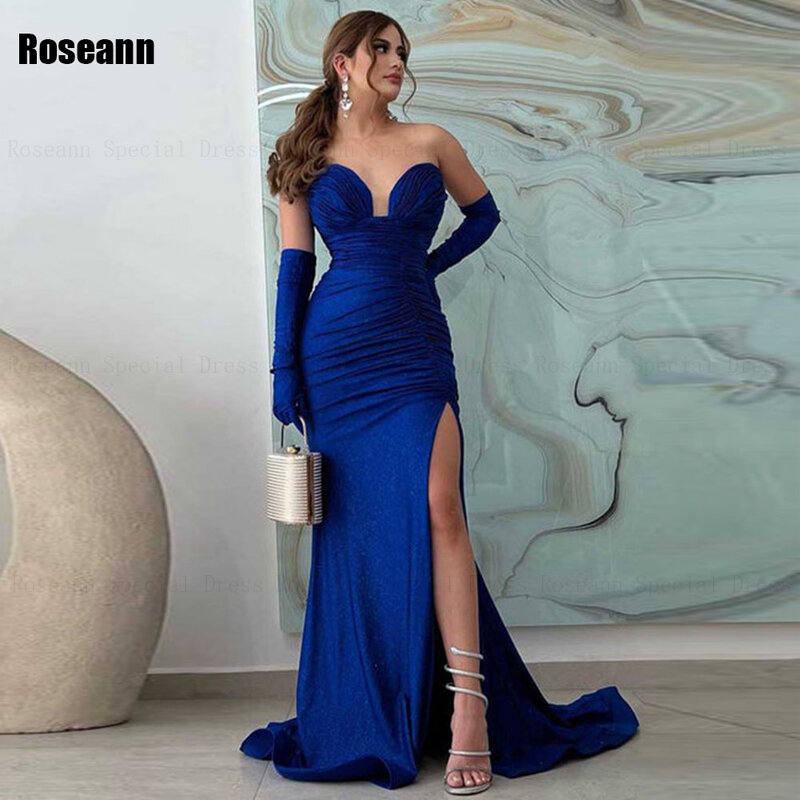 Изысканные вечерние платья с юбкой-годе 2024, синее вечернее платье без бретелек, со съемным спереди разрезом, без рукавов, платье до пола, вечернее платье
