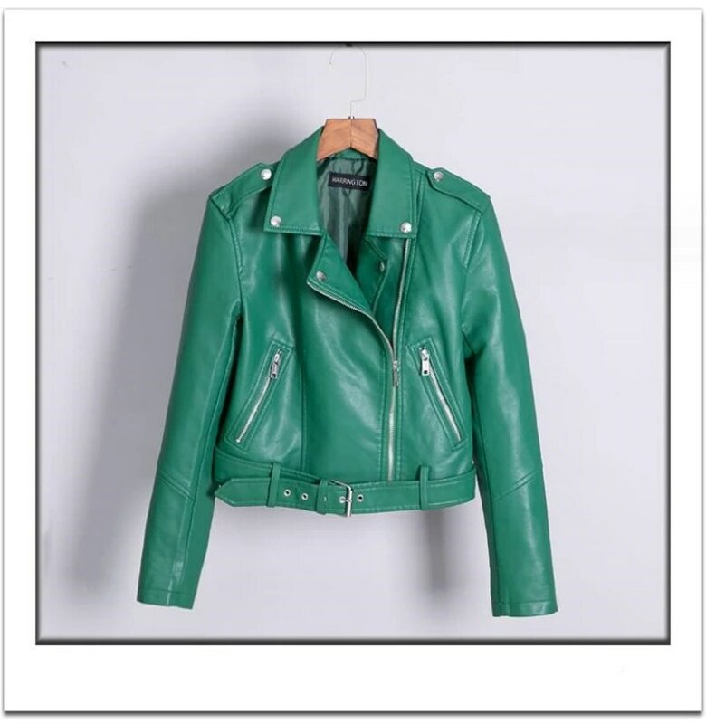 女性のためのオートバイの合成皮革のジャケット,緑とピンクの革のコート,新しい冬と秋のブランド