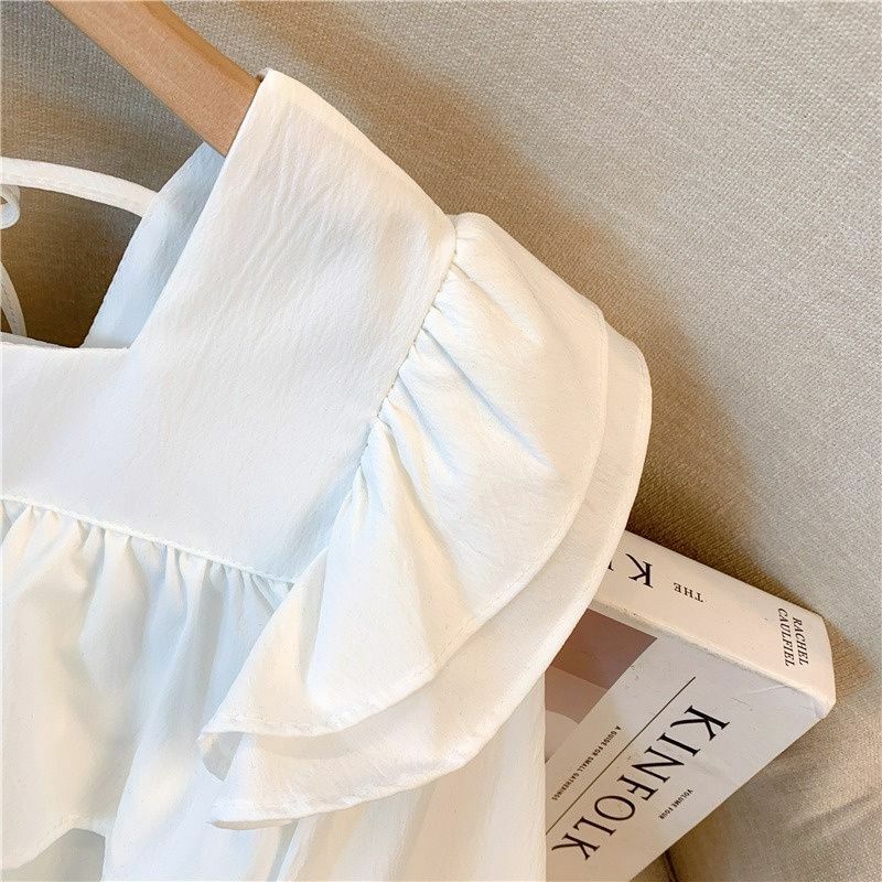 Korean Artsy Design Square Collar Ruffled Long Sleeve Shirt for Women 2023 Autumn New Elegant Versatile Top