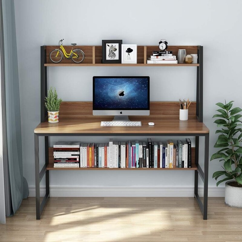 Escritorio de ordenador con Hutch, 47 pulgadas, oficina en casa, diseño que ahorra espacio, estantería para espacios pequeños