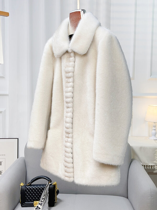 Haining 2024 Winter New Golden Mink Fur Coat for Women's Mid length Standing Neck Thickened Imitation Mink Fur Coat