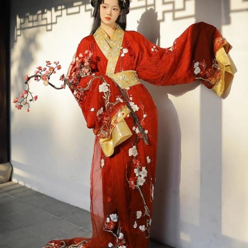 Hanfu-exquisito bordado de flores de ciruelo de estilo chino para mujer, bata frontal recta, flor de temperamento elegante, Hanfu decorativo, nuevo