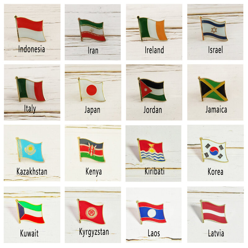 العلم الوطني دبوس معدني طيه صدر السترة البلد شارة جميع أنحاء العالم اندونيسيا إيران أيرلندا إسرائيل إيطاليا جامايكا كازاخستان كينيا الكويت