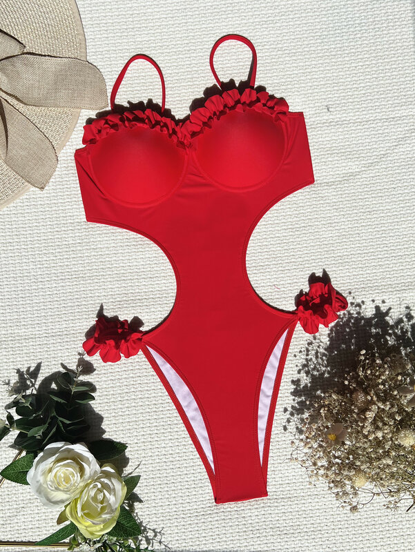 Sexy Push-up Rüschen Badeanzug einteilig Bügel aushöhlen Taille Bikini Bade bekleidung Bodys Frauen Biquini Badeanzüge