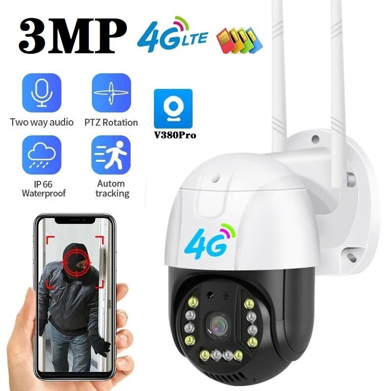 Kamera 3MP 4G PTZ Kamera Keamanan Kartu SIM Luar Ruangan Kamera CCTV Pengawasan Penuh Warna Penglihatan Malam Deteksi Gerakan Pelacakan Otomatis V380Pro