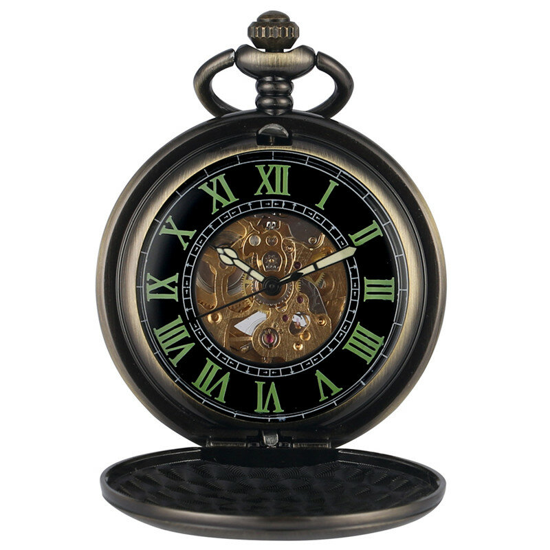 Relojes de bolsillo mecánicos automáticos Unisex, esfera de números romanos luminosos de bronce, cadena colgante, reloj de esqueleto, regalo de cazador completo