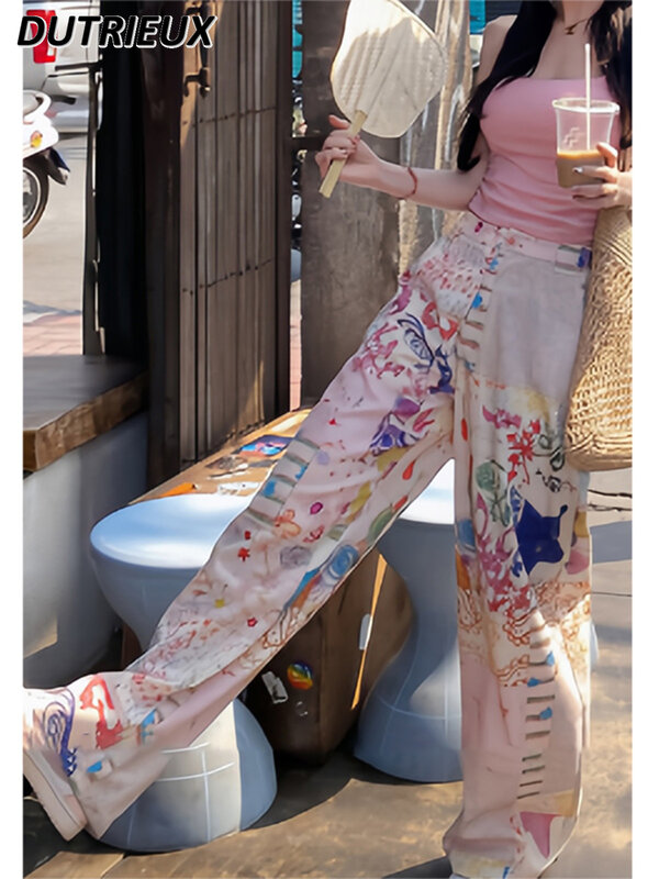 Calça casual feminina estampada graffiti, estilo coreano, cintura alta, calça reta de perna larga, primavera e verão, nova, 2024