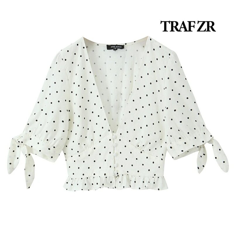TRAF-ZR Blusas femininas estéticas confortáveis, blusas básicas de bolinhas, blusas femininas, mergulhando decote V, top cortado, meia manga, whit