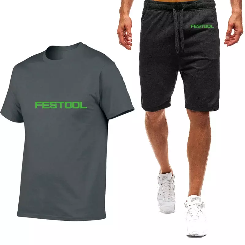 Fato de treino masculino, camiseta de manga curta, tops e shorts, roupas fitness, novo, verão, ferramentas Festool, conjuntos 2 pcs, 2022