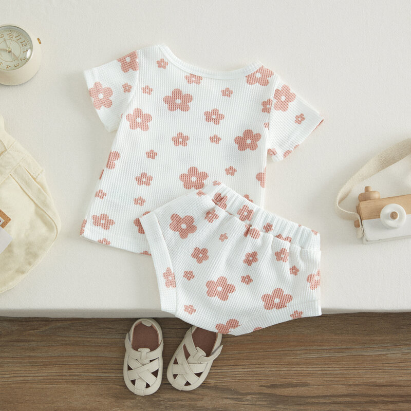 VISgogo 2Pcs Baby Girl Clothes Summer Outfits Short Sleeve Waffle Knit Floral Print T-shirt Drawstring Shorts 0-18Months Set