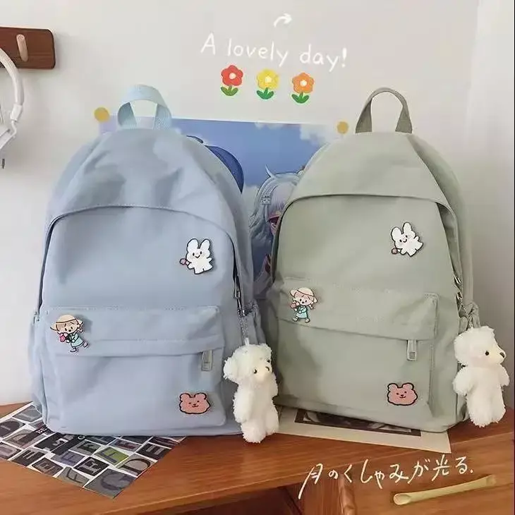 School Bag Unisex Harajuku Large-capacity Backpack Ins Bear Pendant Letter Pattern Student Bag To Send Pendant and Badge