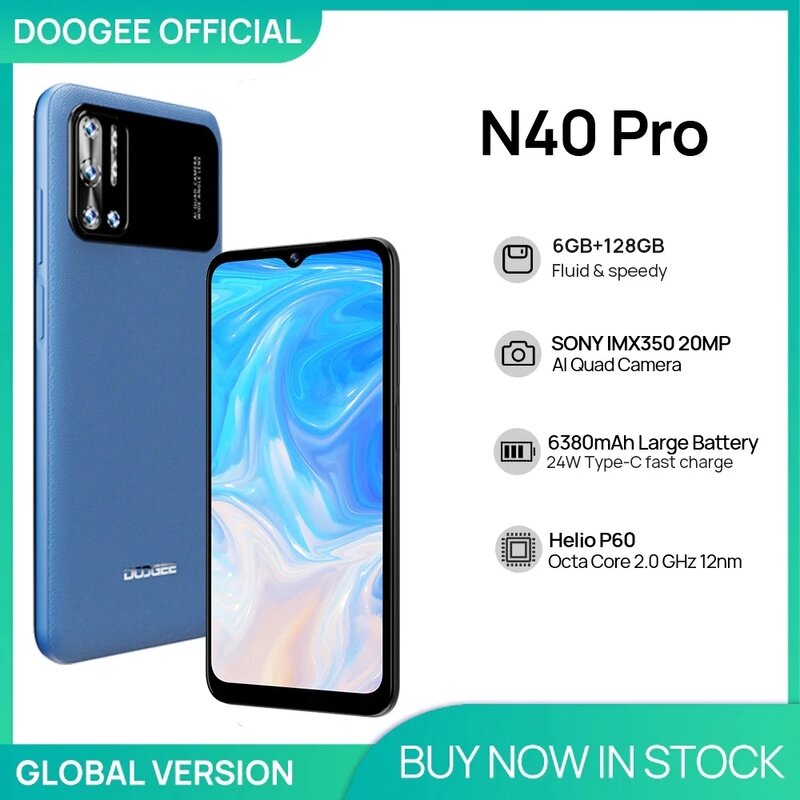 Doogee N40 Pro สมาร์ทโฟน6.5นิ้ว20MP Quad P60 6GB + 128GB โทรศัพท์มือถือแบตเตอรี่6380mAh 24W ชาร์จเร็ว
