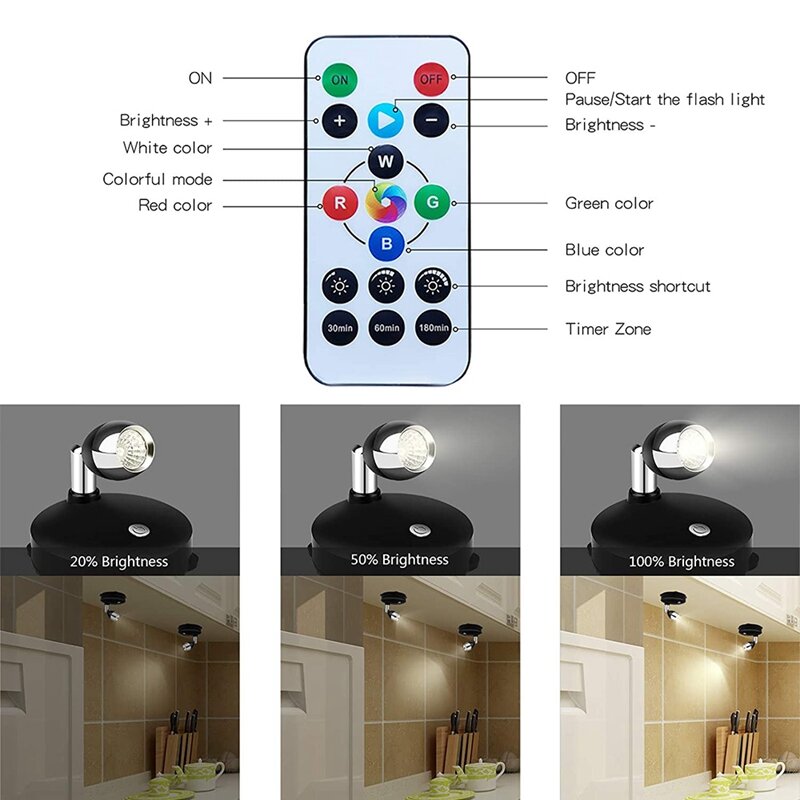 Luzes de acento sem bateria sem fio, Projectores LED reguláveis com controle remoto Luz de parede rotativa, Pacote 2