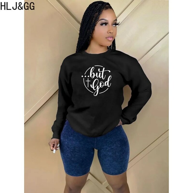 HLJ Black Autumn Casual Letter Printing Pullover Women Round Neck Long Sleeve Tops Female Loose Sporty Matching Sweatshirts 2023