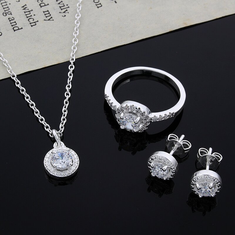 Conjunto de joyería de plata de ley 925 para mujer, collar y pendientes de circonia cúbica de cristal brillante, regalo de Navidad