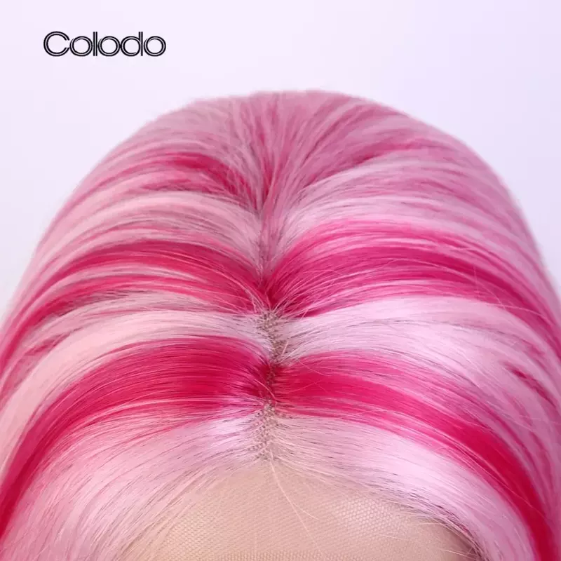 COLODO Synthetic Lace Front Wig for Woman Ombre Pink Silky Straight Lace Front Wig Cosplay Preplucked Glueless Heat Resistant