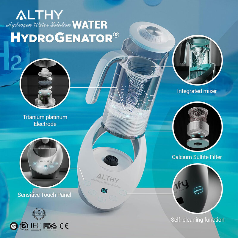 Mesin Generator Pitcher air hidrogen ALTHY botol dispenser teknologi SPE & pedomm. Filter kalsium sulfit PH air yang dimurnikan seimbang