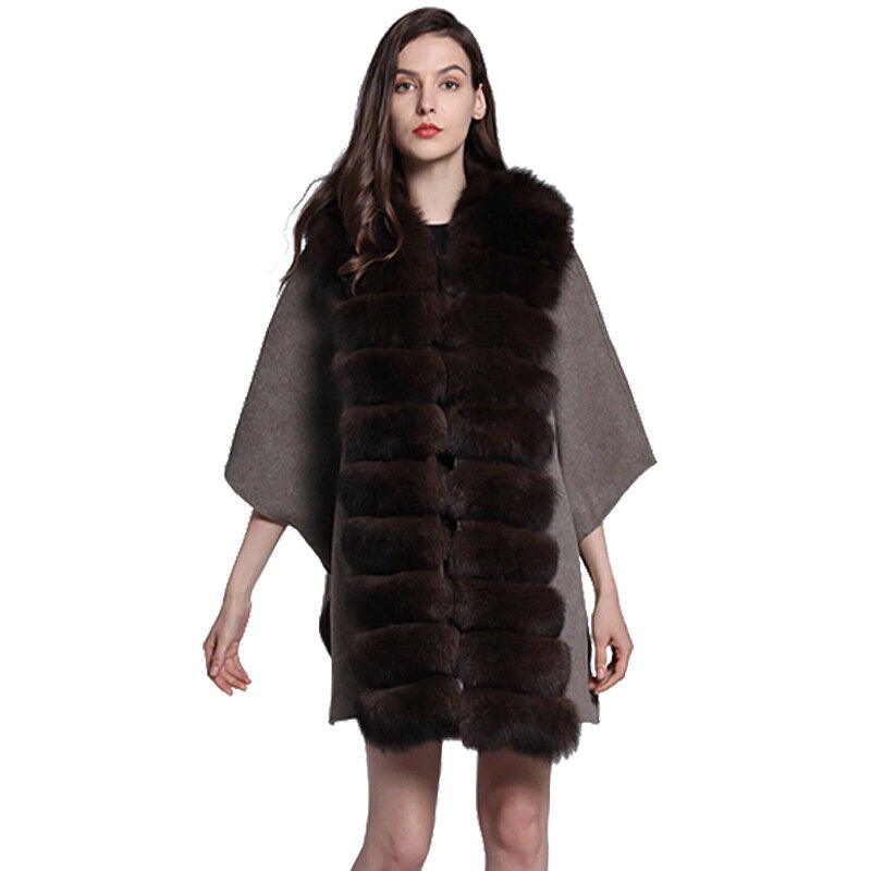 Abrigo largo de piel de zorro para mujer, chal cálido de lona, temporada otoño e invierno