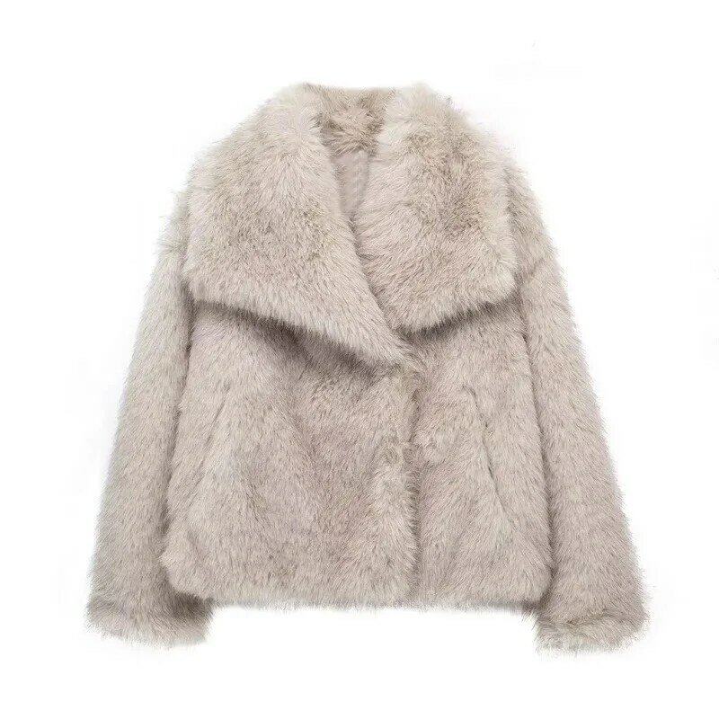 Зимнее теплое меховое пальто для женщин, элегантное короткое пальто с отложным воротником и длинным рукавом, Женская мода 2023, уличная одежда, кремово-белая верхняя одежда