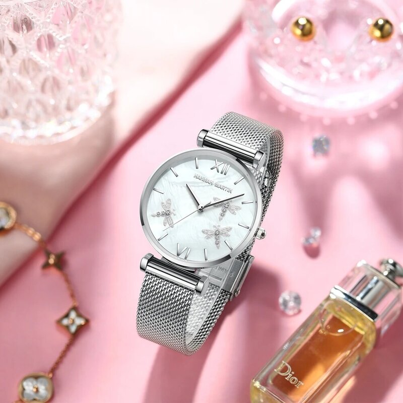 Akoya-relojes de acero inoxidable para mujer, pulsera de lujo con diamantes, concha de perlas, libélula, estilo japonés, envío directo, nuevo diseño, 2021