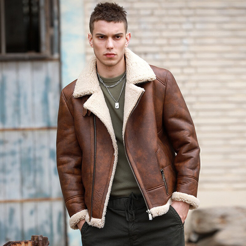 New Men's Motorcycle Leather Jacket Winter Luxury Wool Lining Windproof Leather Jacket Lapel Design Warm Coat