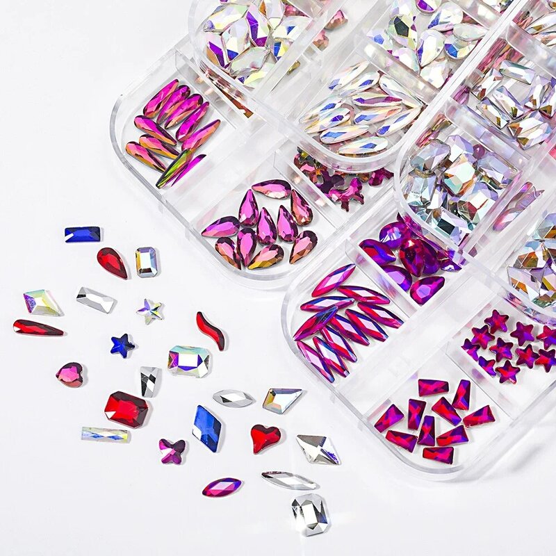 Strass 3D pour Nail Art, boîte à 12 compartiments, multi-documents AB, taille mixte, bricolage, gemmes en cristal, paillettes luxueuses, décorations pour ongles