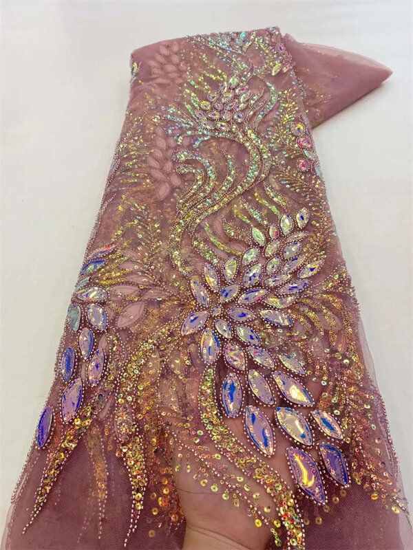 럭셔리 이브닝 드레스, 2024 하이 퀄리티 자수 프렌치 레이스 원단, 아프리카 스팽글 비즈 얇은 명주 그물 레이스 원단, 바느질용