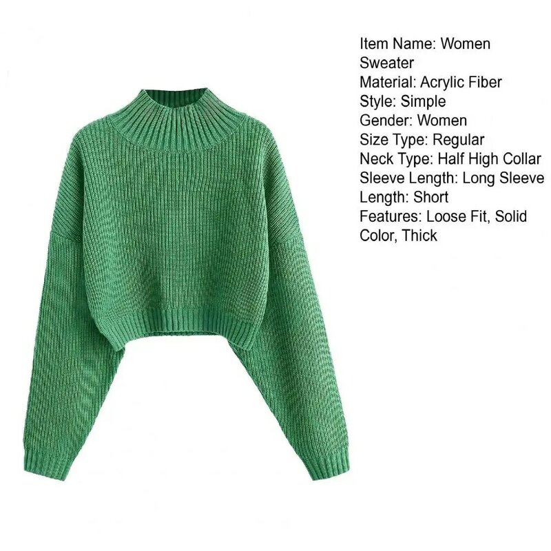 Women Autumn Winter Cropped Sweater Half High Collar Long Sleeve Slim Fit Tops Solid Color Short Knitting Jumper