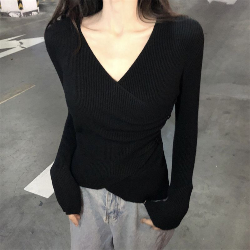 Jerseys ajustados suaves y acogedores para mujer, de ocio con prendas de punto cuello en V, ropa interior Sexy, básico, cómodo, diario, estilo coreano