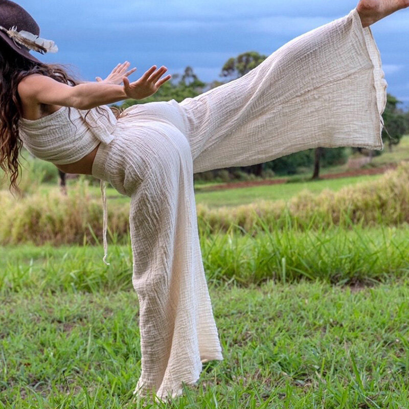 Pantaloni a gamba larga in lino di cotone da donna pantaloni sportivi da Yoga in tinta unita Leggings pantaloni lunghi Pantalon allentato estivo