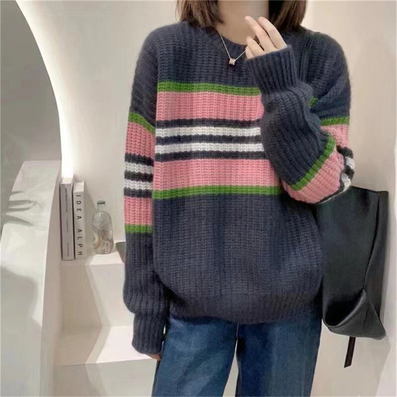 Autumn Vintage Striped Jumper Women Harajuku Style 2022 Winter Warmth Round Neck Pullover Inside Women Loose Knitted Sweater