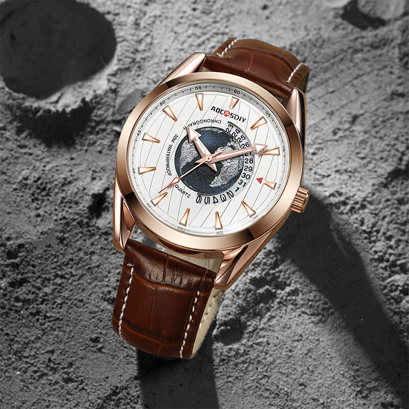 AOCASDIY Leather Sport Watch for Men Clock Luxury Mens Watches New Fashion Creative Earth Quartz Wristwatch High Quality Watch