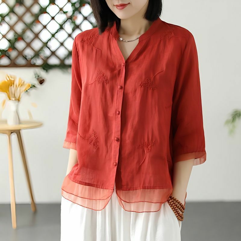 Blusa elegante de estilo chino para mujer, top de lino y algodón bordado, camisa cheongsam vintage, hanfu