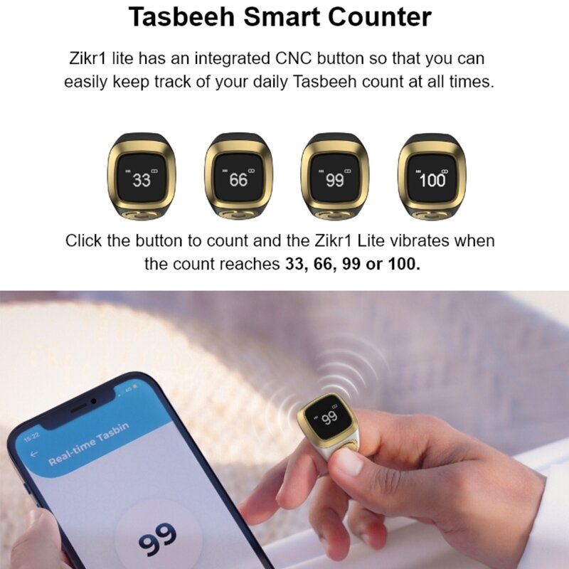 Iqibla Smart Tasbih Tally Counter para musulmanes, anillo Zikr Digital Tasbeeh 5, recordatorio de vibración de tiempo de oración, impermeable, PK M02