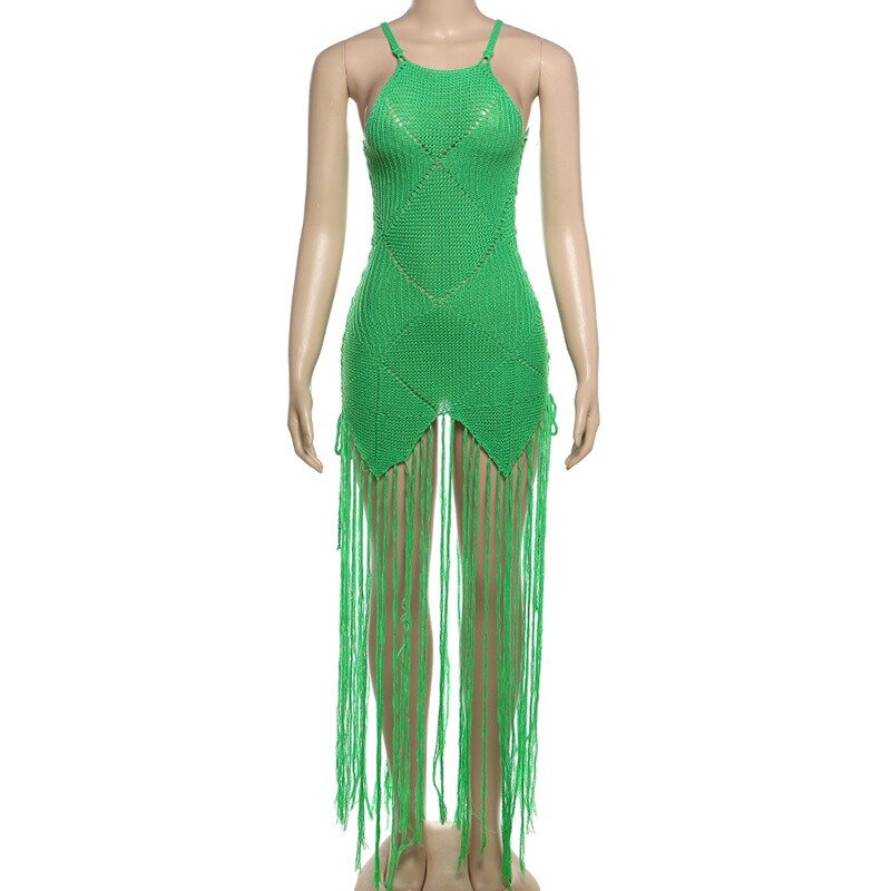 Knitted Long Tassel Beach Dress Summer Sleeveless Spaghetti Straps High Waist Slim Stretch Cover Ups Holiday Swimwear Clubwear