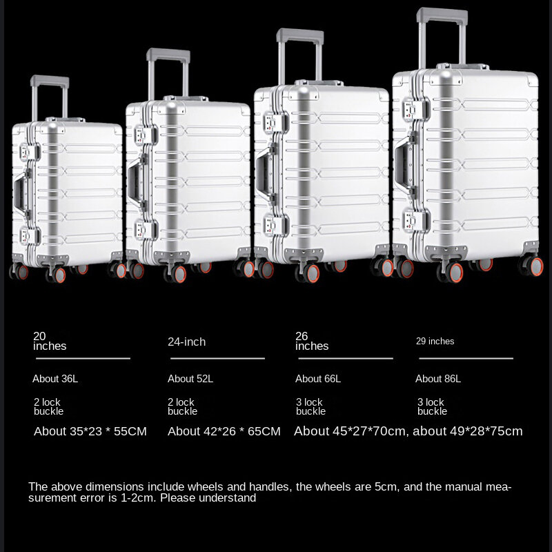 100% valigia da viaggio in lega di alluminio-magnesio bagaglio a rotelle Trolley da 20/24/29 pollici bagaglio a mano valigia da cabina