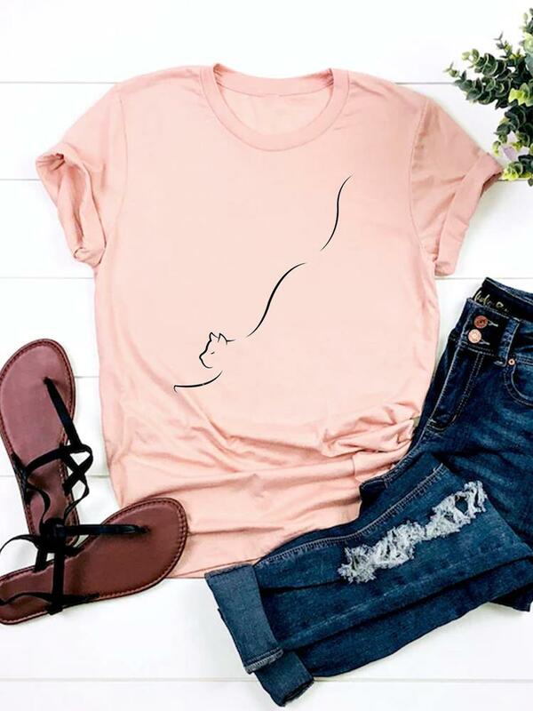 Stampa T Shirt manica corta vestiti estivi abbigliamento donna gatto pigro divertente cartone animato moda grafica T-Shirt Basic Tee Top