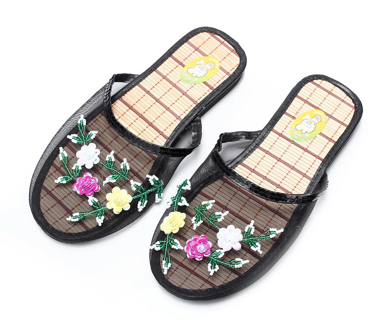 Zapatillas de interior con lentejuelas y flores para mujer, zapatos planos para el hogar, sandalias de playa de malla ahuecadas, chanclas informales de verano