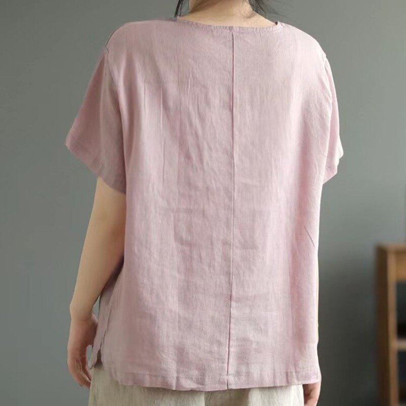 2024 Frauen Sommer neue Retro Baumwolle Leinen Rundhals ausschnitt einfarbig geometrisch bedruckte Kurzarm T-Shirts dünne lose lässige Tops